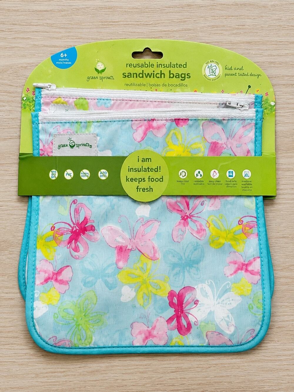 green sprouts Reusable Insulated Sandwich Bags (2 Pack) | Holds Food, Utensils,